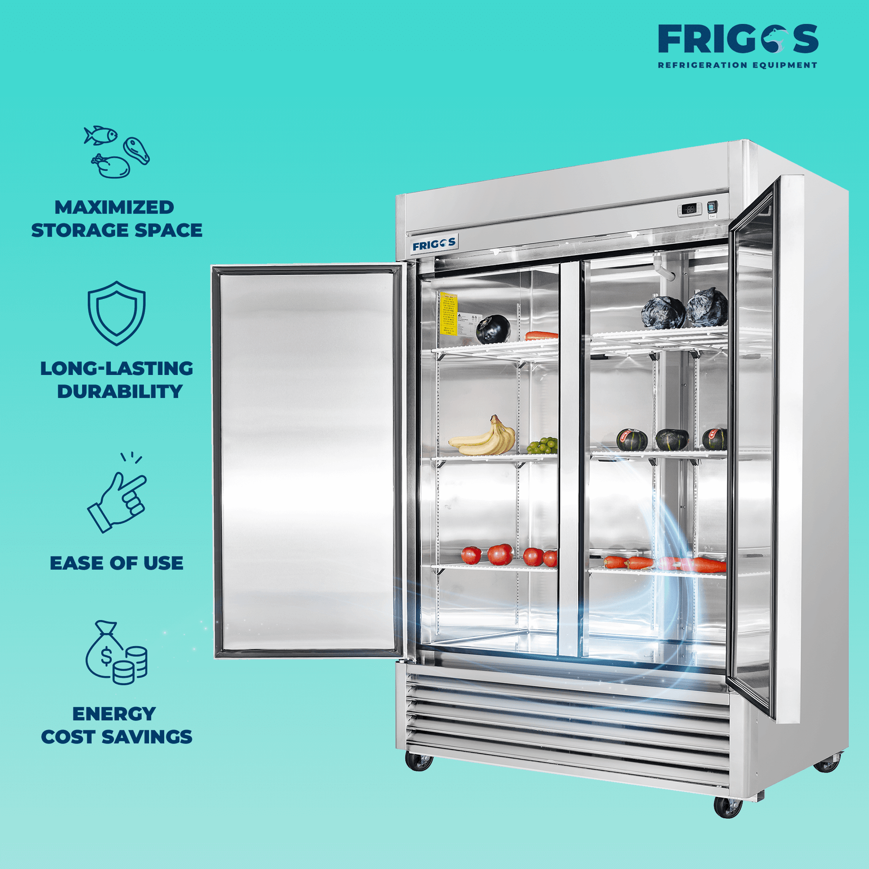 Commercial Reach in Freezer 54" Width Solid 2 Door  47 Cu Ft Frigos FG-FZ-2D with Aluminum Interior with 304 Stainless Steel Floor