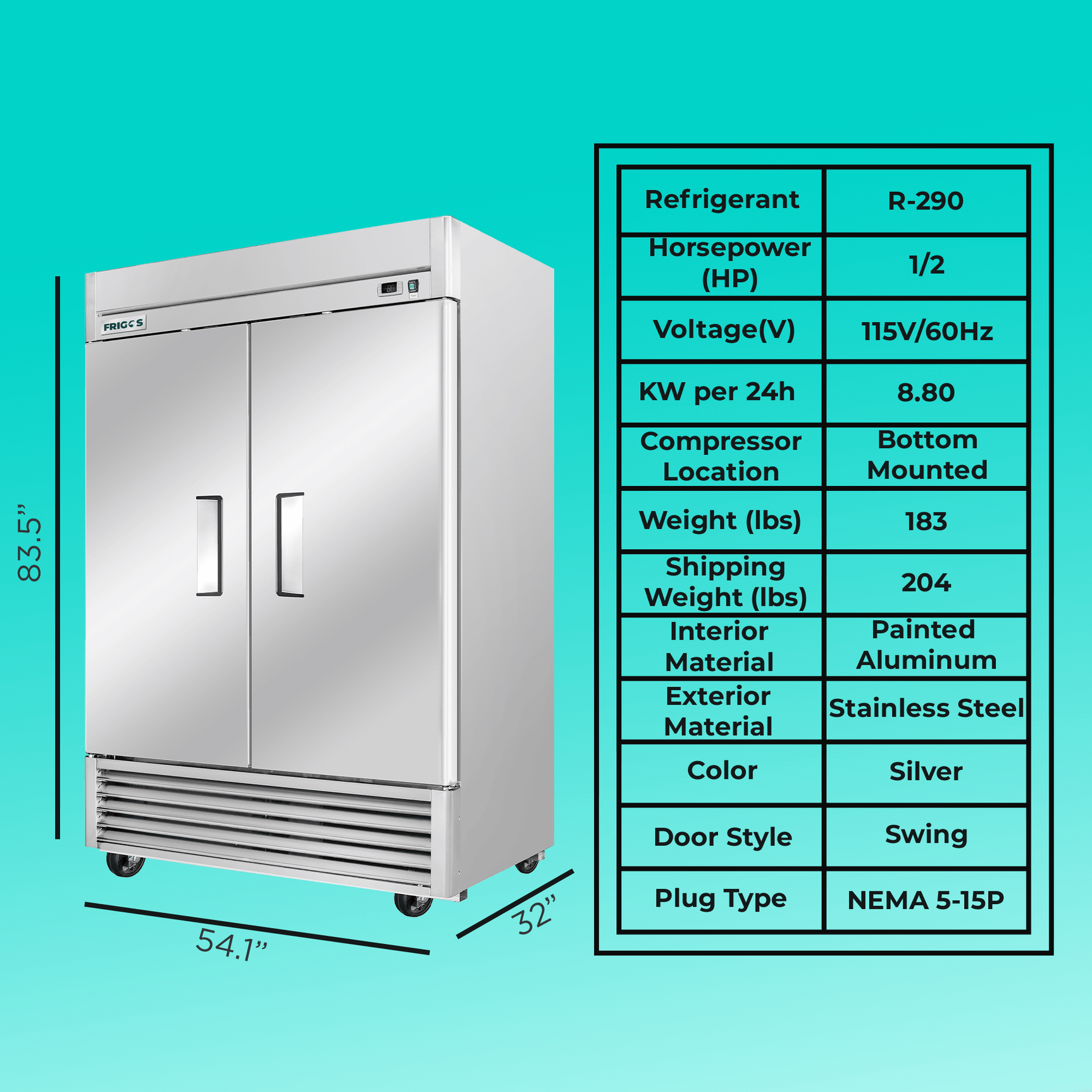 Commercial Reach in Freezer 54" Width Solid 2 Door  47 Cu Ft Frigos FG-FZ-2D with Aluminum Interior with 304 Stainless Steel Floor