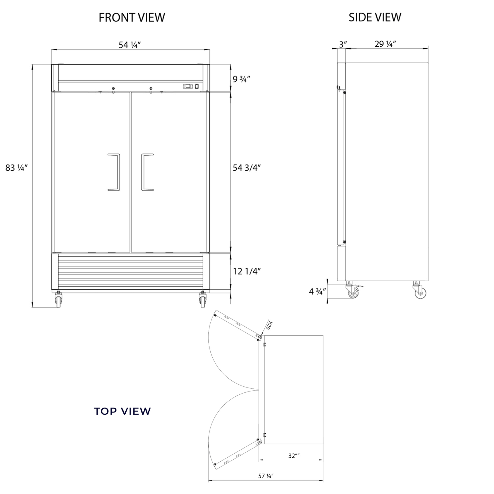 Commercial Reach in Freezer 54" Width Solid 2 Door  47 Cu Ft Frigos FG-FZ-2D with Aluminum Interior with 304 Stainless Steel Floor