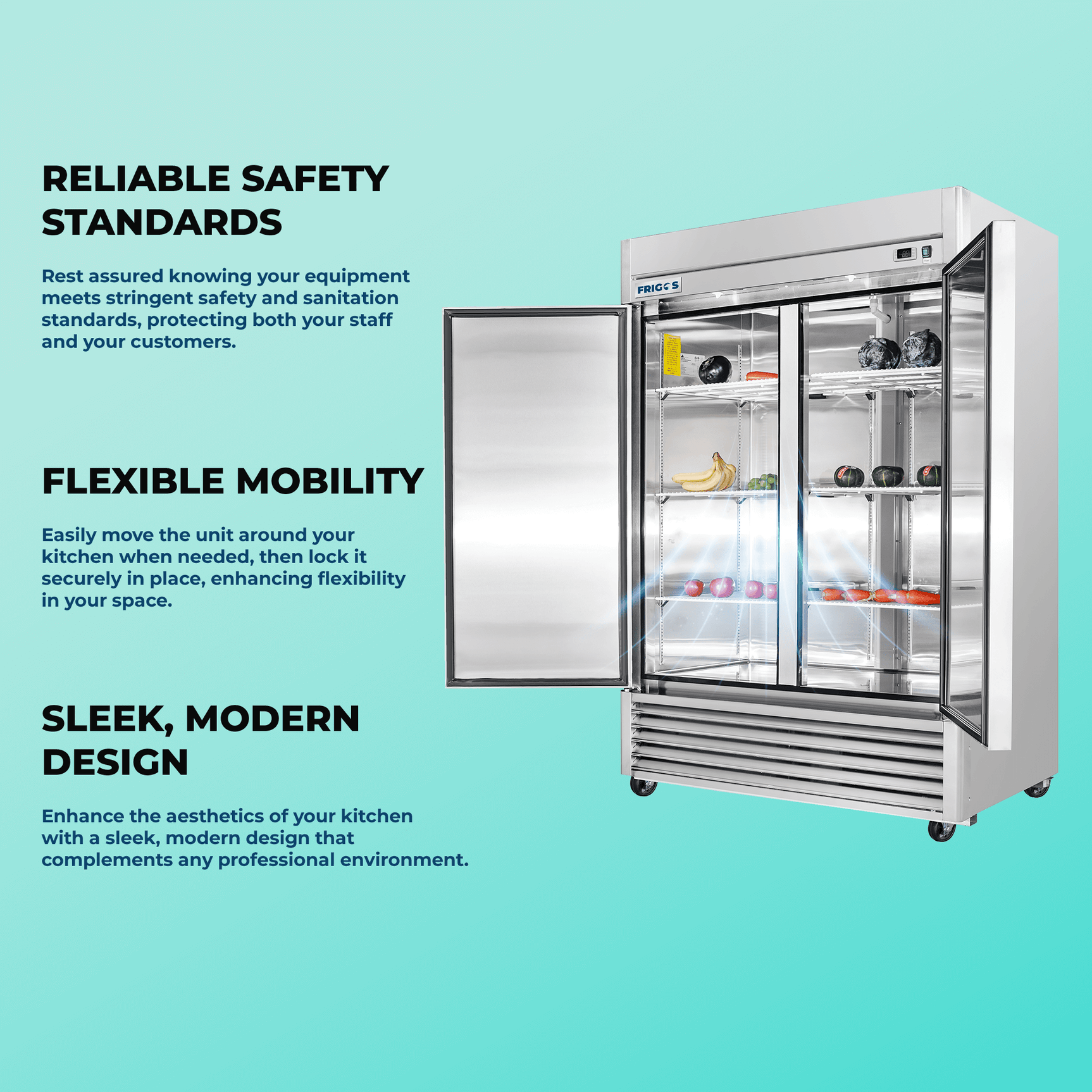 Commercial Reach in Freezer 54" Width Solid 2 Door  47 Cu Ft Frigos FG-FZ-2D with Aluminum Interior with 304 Stainless Steel Floor