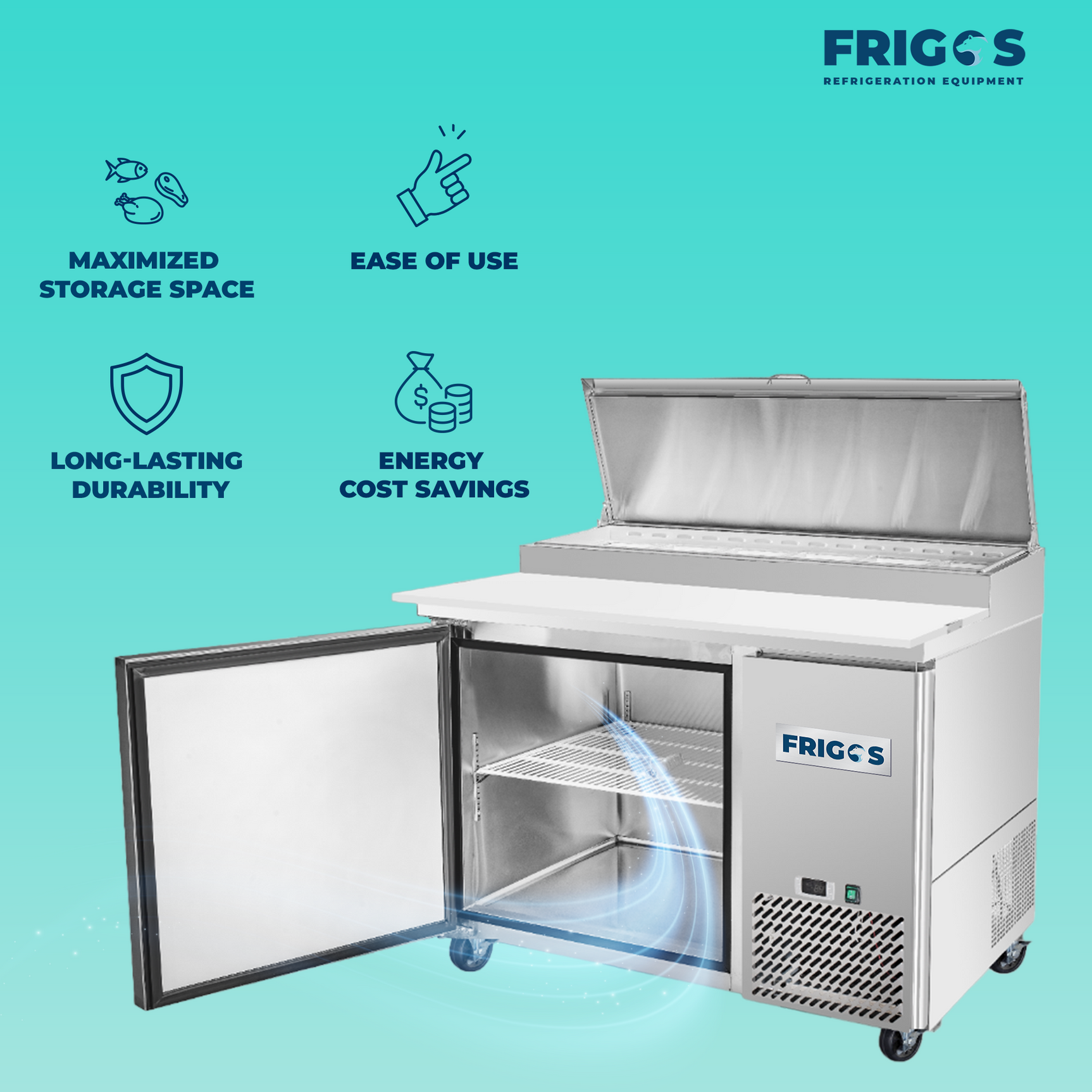 Pizza Prep Table Refrigerator 44" Width 1 Door Frigos FG-PZPT-44 with Aluminum Interior with 304 Stainless Steel Floor