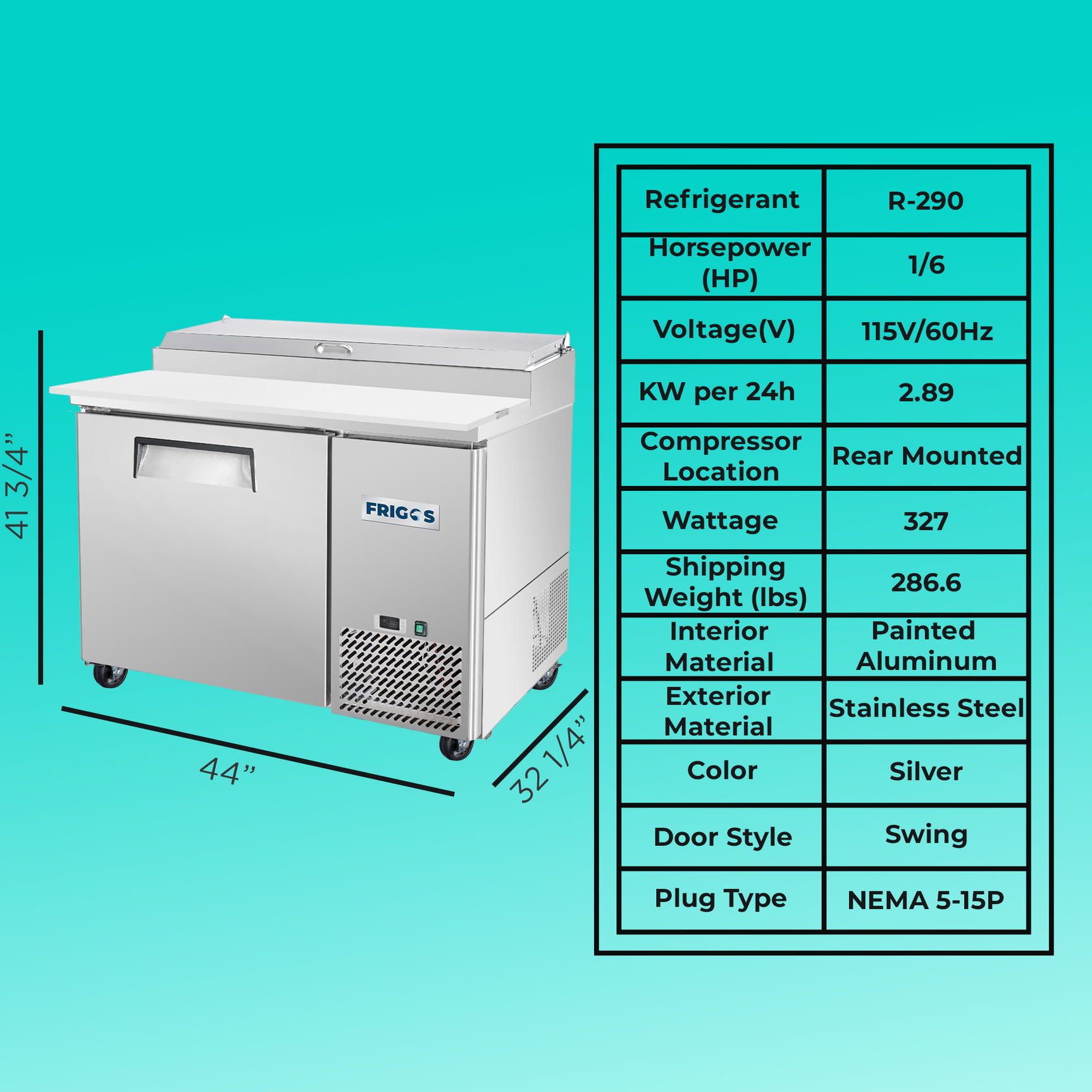 Pizza Prep Table Refrigerator 44" Width 1 Door Frigos FG-PZPT-44 with Aluminum Interior with 304 Stainless Steel Floor