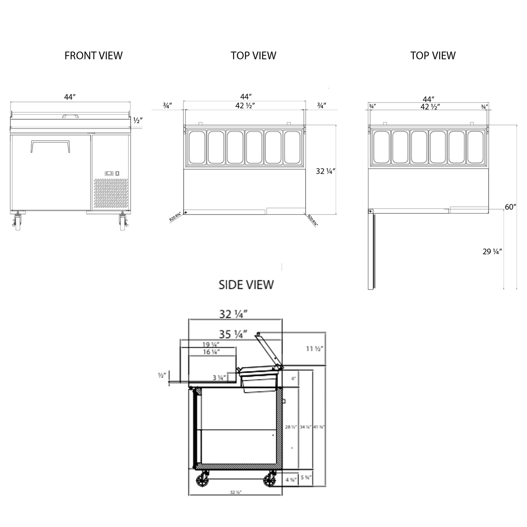 Pizza Prep Table Refrigerator 44" Width 1 Door Frigos FG-PZPT-44 with Aluminum Interior with 304 Stainless Steel Floor