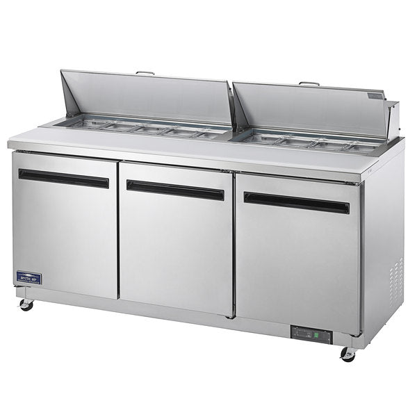 Arctic Air AMT72R 72" Refrigerated Mega Top Sandwich Prep Table with 3 Solid Door 18 Cu Ft - Kitchen Pro Restaurant Equipment