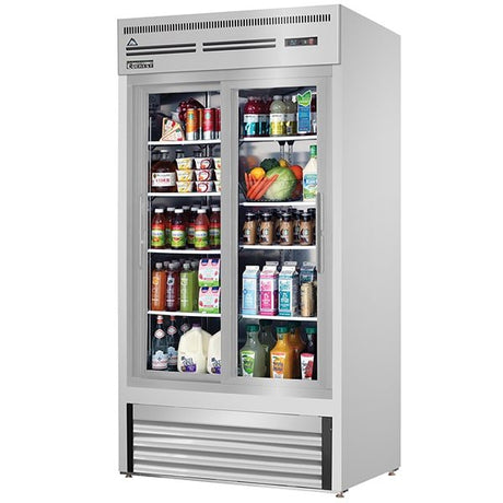 Everest EMGR33-SS Reach-In Merchandising Refrigerator 2 Glass Doors 33 cu.ft - Kitchen Pro Restaurant Equipment