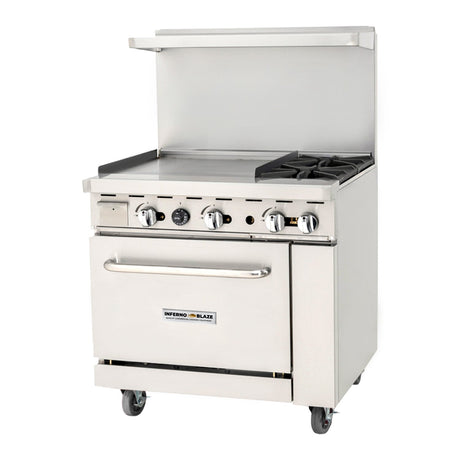 Inferno Blaze Premium IBP-GR-3624/LP 36" Liquid Propane 2 Burner Range with Oven with 24" Griddle - 121,000 BTU - Kitchen Pro Restaurant Equipment