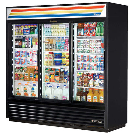 True® GDM-69-HC-LD Black Refrigerated Sliding Glass Door Merchandiser with LED Lighting 78" - 69 Cu Ft - Kitchen Pro Restaurant Equipment