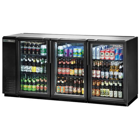 True TBB-24GAL-72G-HC-LD Back Bar Refrigerator 3 Glass Door Galvanized Top 72" Black - Kitchen Pro Restaurant Equipment