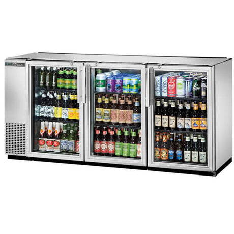 True TBB-24GAL-72G-S-HC-LD Back Bar Refrigerator 3 Glass Galvanized Top 72 inch Silver - Kitchen Pro Restaurant Equipment