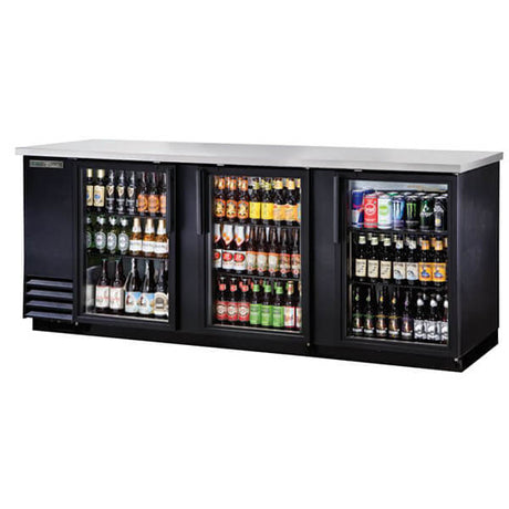 True TBB-4G-HC-LD Back Bar Refrigerator 3 Glass Doors 90 inch Black - Kitchen Pro Restaurant Equipment