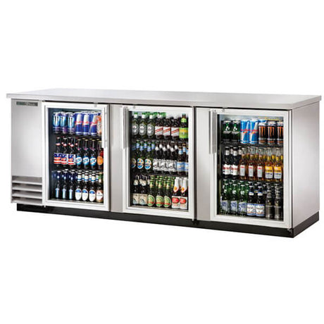 True TBB-4G-S-HC-LD Back Bar Refrigerator 3 Glass Doors 90 inch Silver - Kitchen Pro Restaurant Equipment