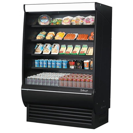 Turbo Air TOM-48DXB-SP-N 14.9 cu.ft. 48" 115V Black Solid Mirrored Sides Stainless Steel Interior Extra Deep Refrigerated Vertical Open Display Case - Kitchen Pro Restaurant Equipment