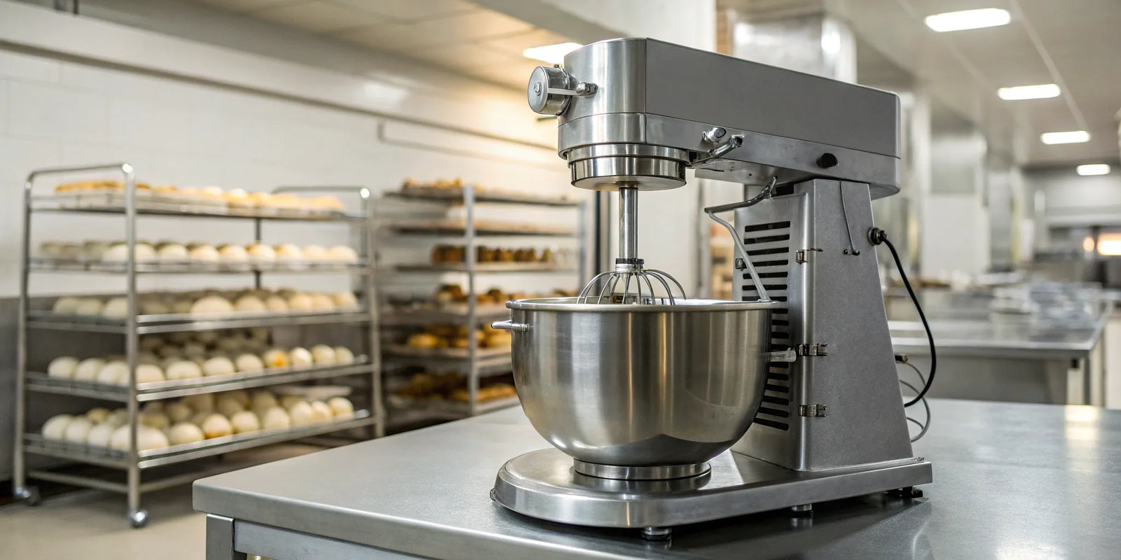 Heavy-duty mixer for baking on a stainless steel table in a commercial kitchen.