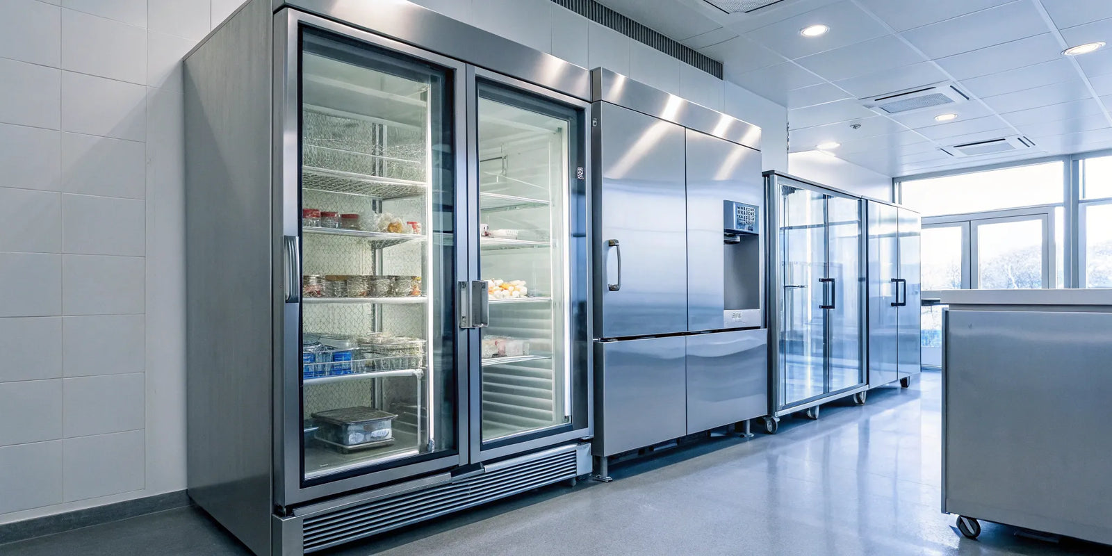 A commercial glass door freezer displaying frozen food products for sale.