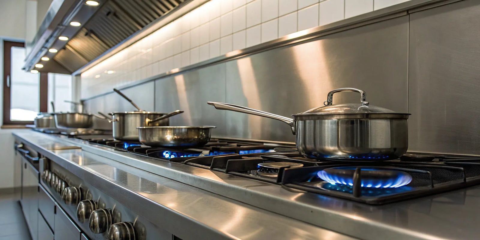 A commercial cooking range with multiple gas burners in a professional kitchen.