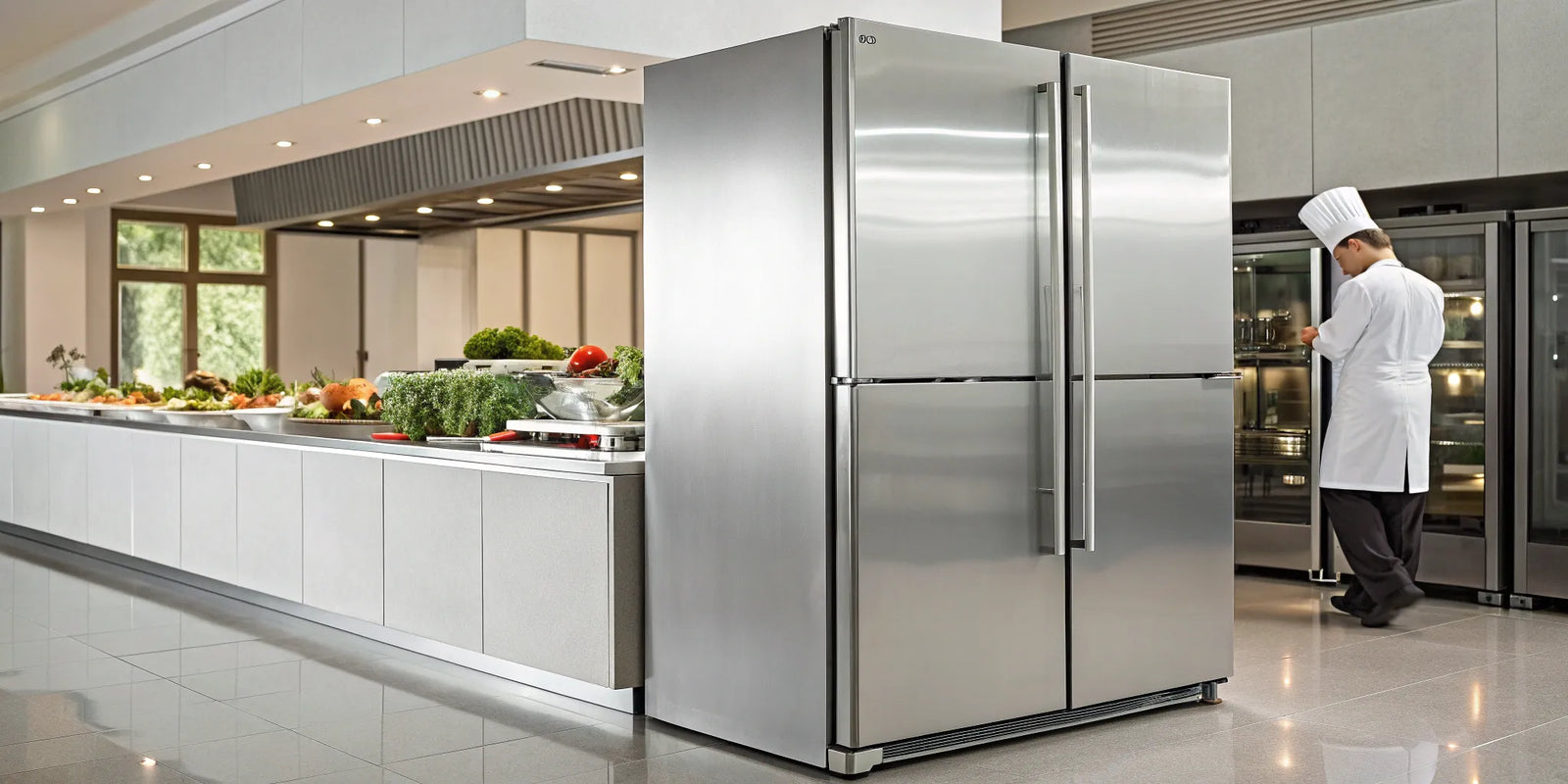 A line of commercial refrigeration equipment in a professional kitchen setting.