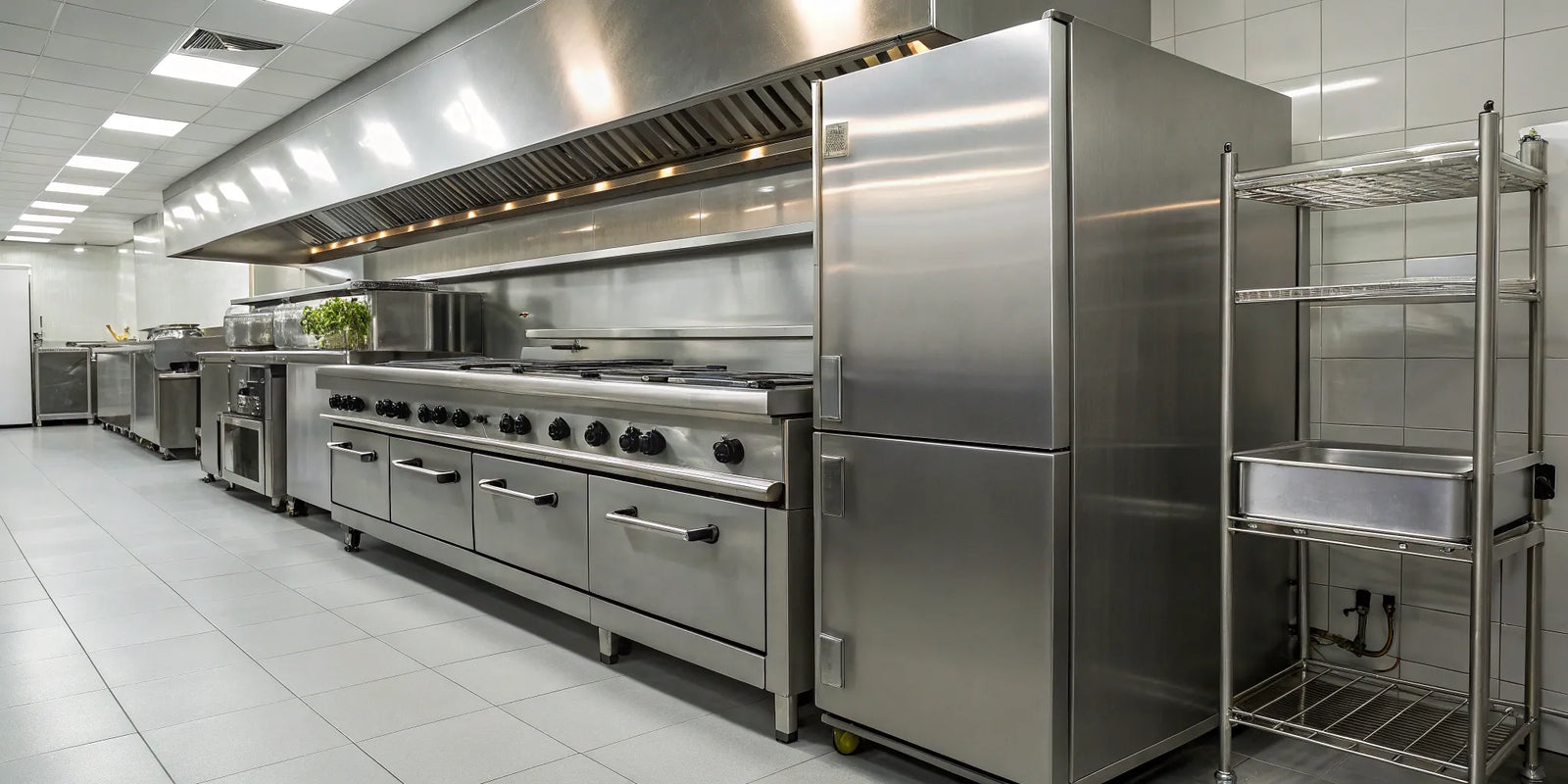 Commercial restaurant equipment like a stainless steel refrigerator and stove in a professional kitchen.