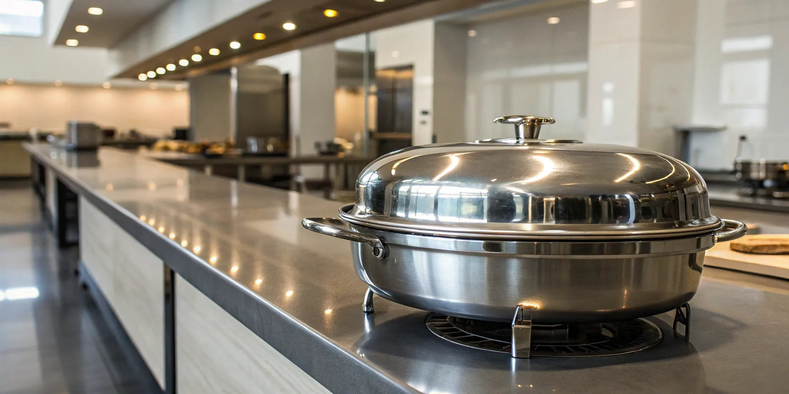 A stainless steel commercial steam cooker in a professional restaurant kitchen.