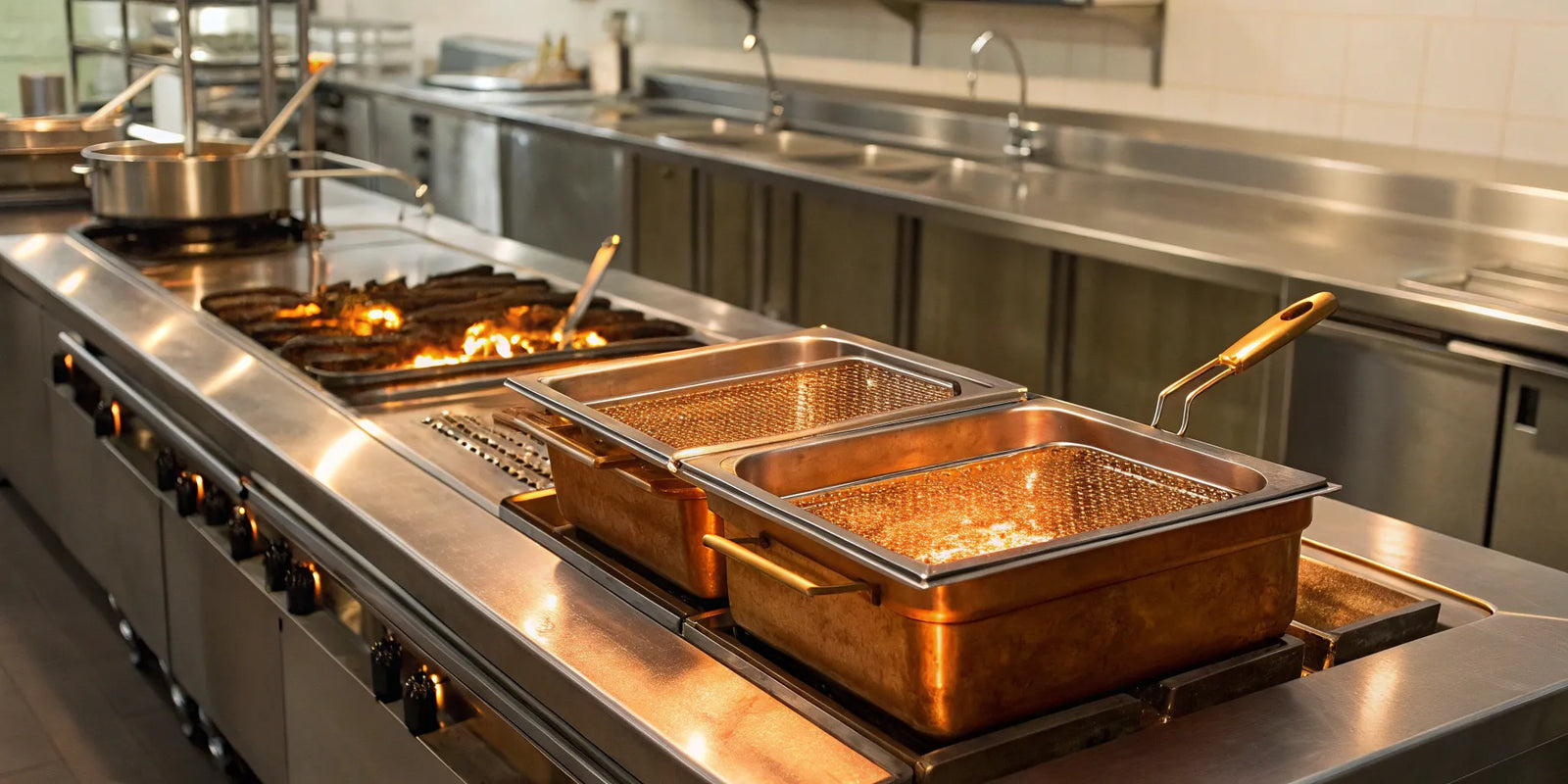 A stainless steel Copper Beech fryer with a split-pot design and two frying baskets.
