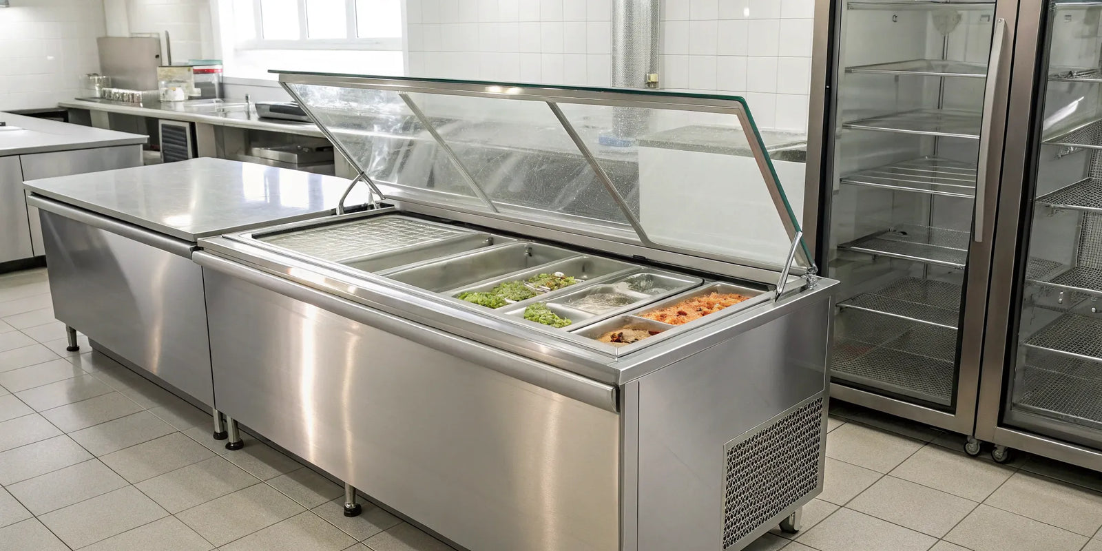 A commercial glass top chest freezer displaying frozen products for customers.