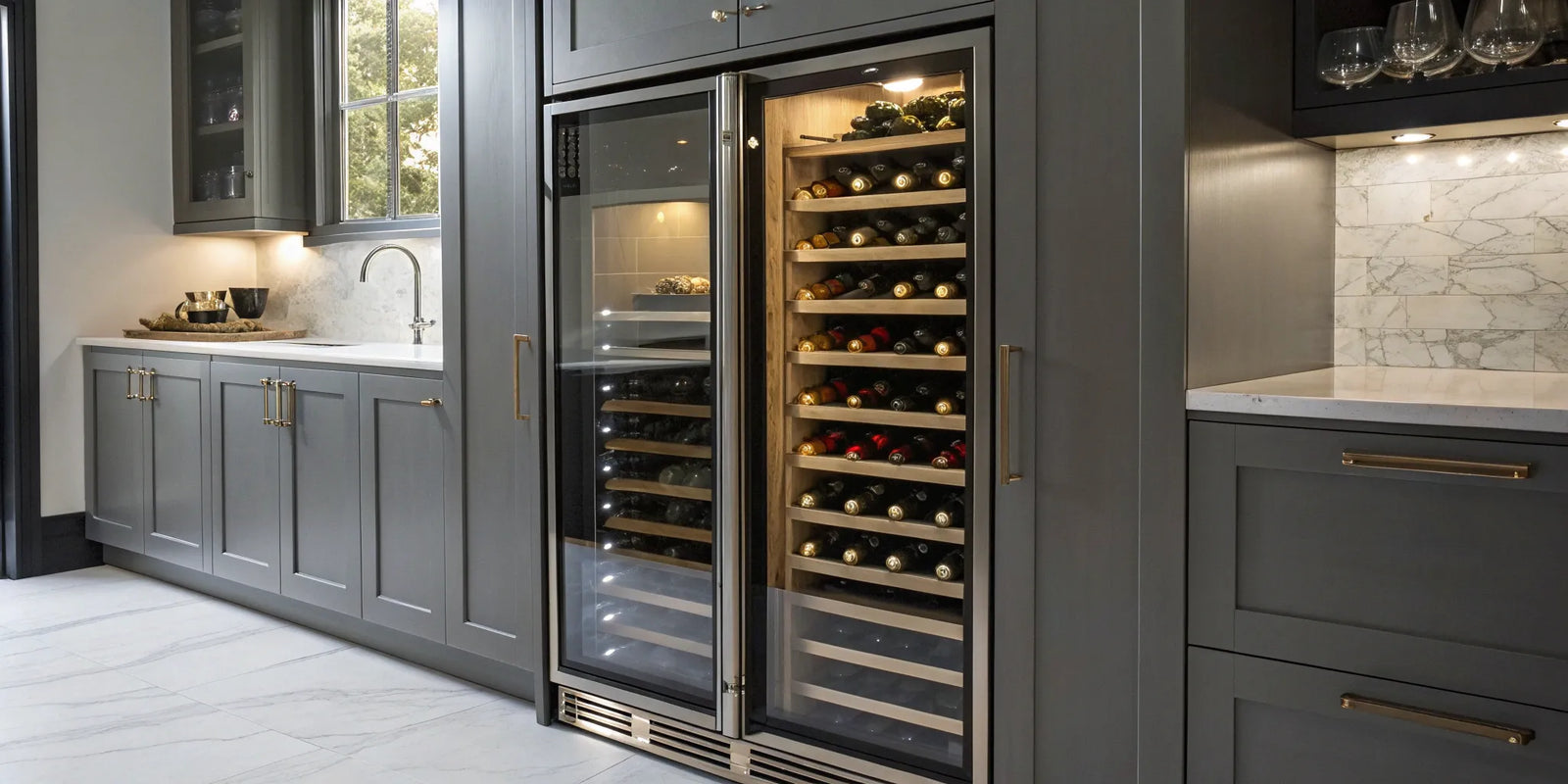 A built-in commercial wine cooler showcasing a variety of wine bottles behind glass doors.