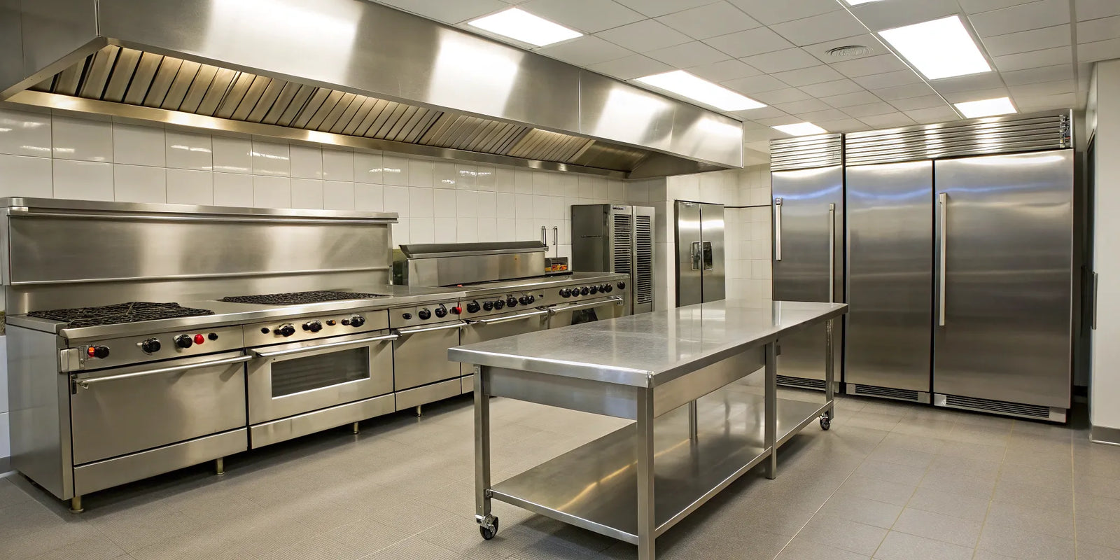 Stainless steel commercial kitchen equipment for sale near me, including ovens, fridges, and prep tables.