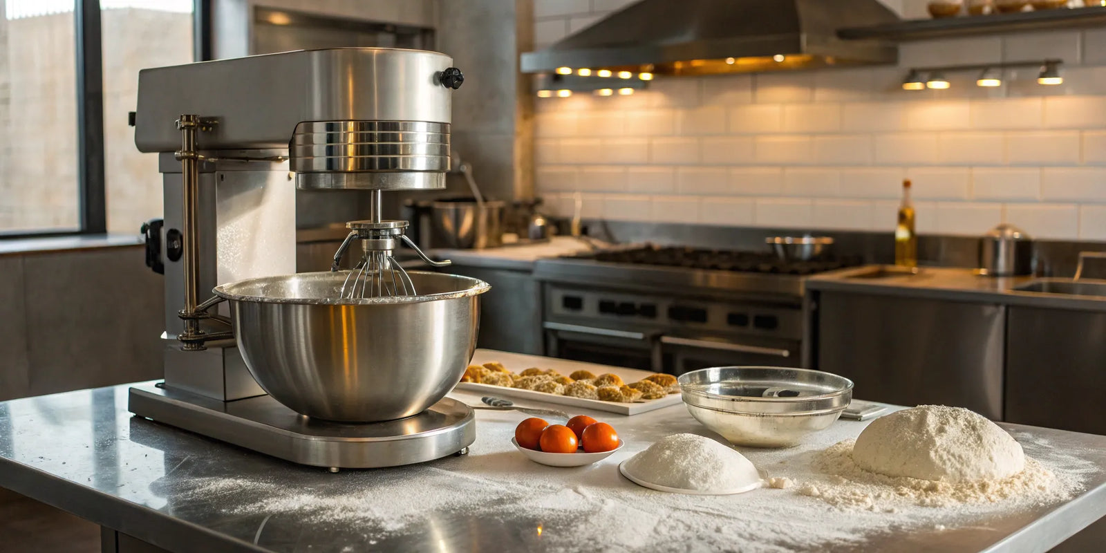 Commercial pizza dough mixer on a steel counter with flour and tomatoes for making pizza.