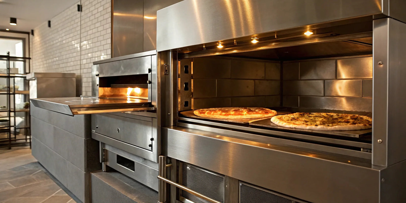 A commercial pizza oven baking multiple pizzas in a restaurant kitchen.