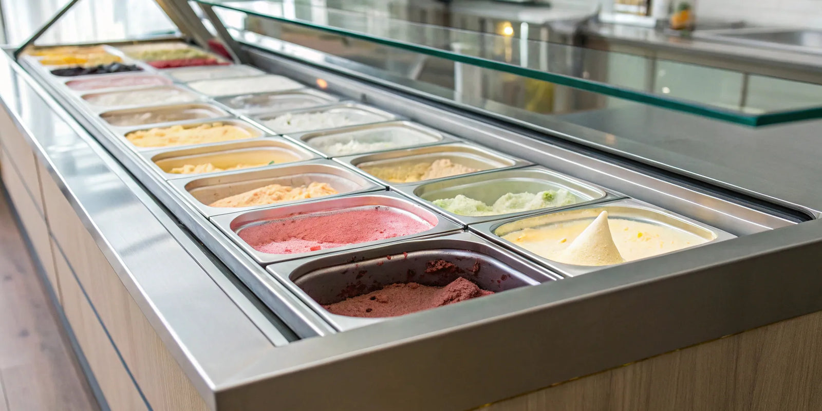 A stainless steel dipping cabinet for ice cream displaying tubs of assorted flavors.