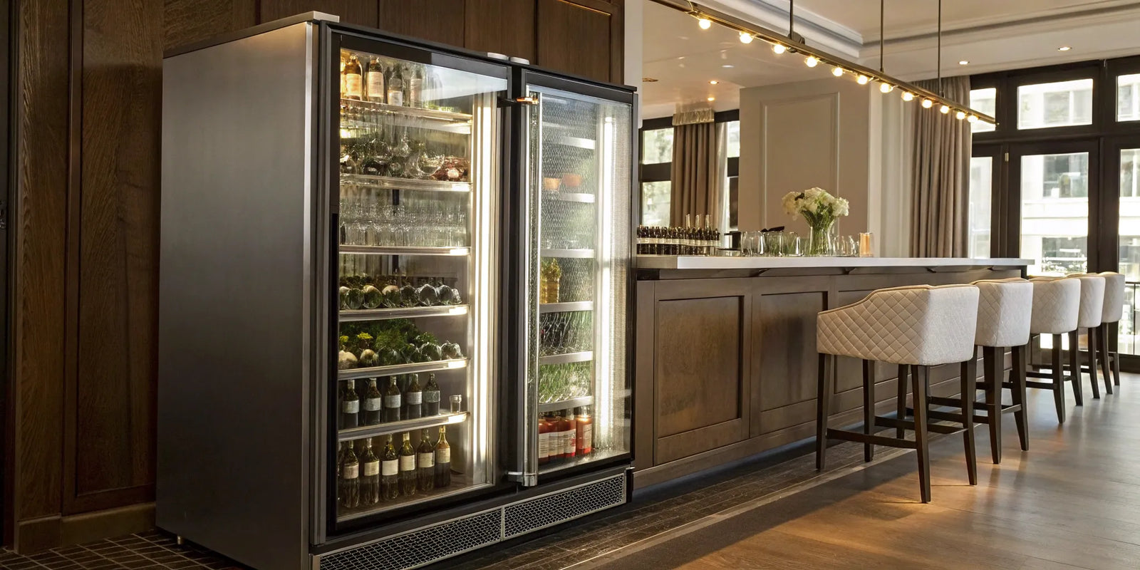 A commercial bar fridge with glass doors stocked with beverages under a modern bar counter.