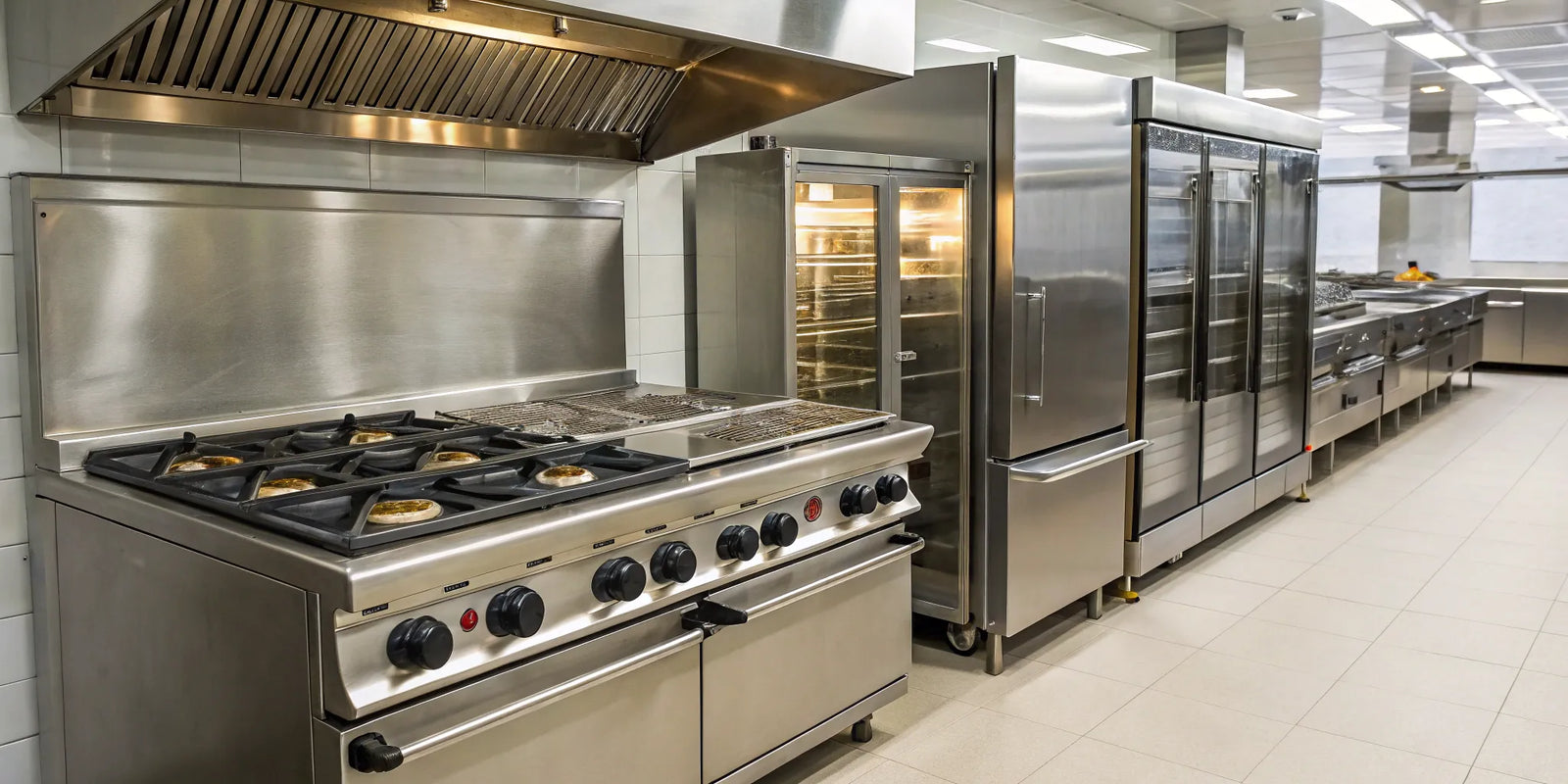 A line of commercial cooking equipment with stainless steel ovens and ranges in a professional kitchen.