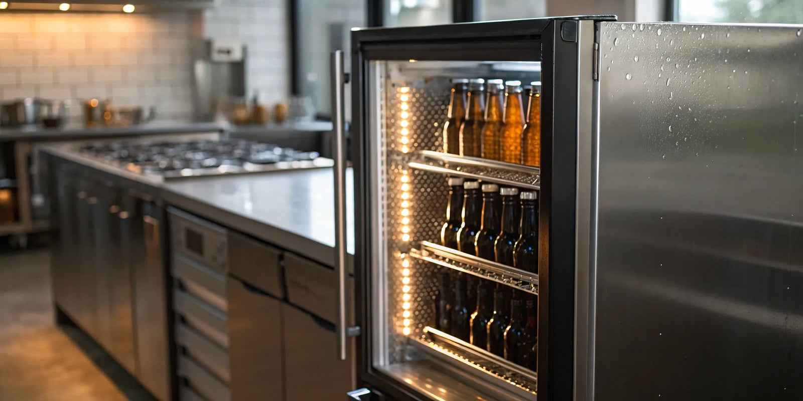 A commercial bottle cooler with a glass door, fully stocked with various beverages.