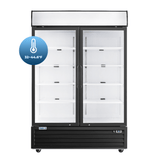 Merchandiser Refrigerator 54" Width Black Swing Glass 2 Door with LED Lighting Frigos FG-MR-2D-G with Aluminum Interior with 304 Stainless Steel Floor