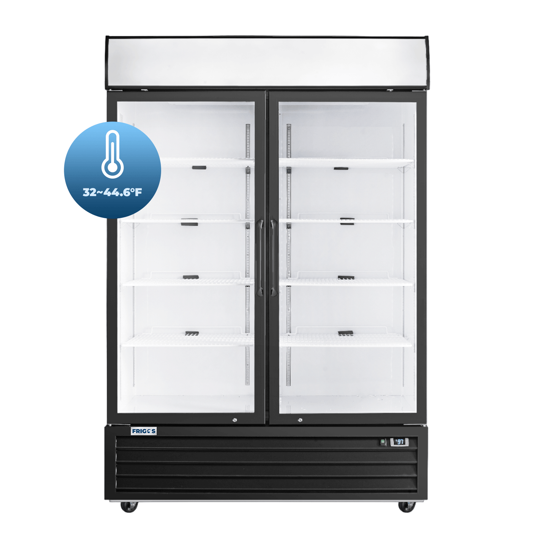 Merchandiser Refrigerator 54" Width Black Swing Glass 2 Door with LED Lighting Frigos FG-MR-2D-G with Aluminum Interior with 304 Stainless Steel Floor