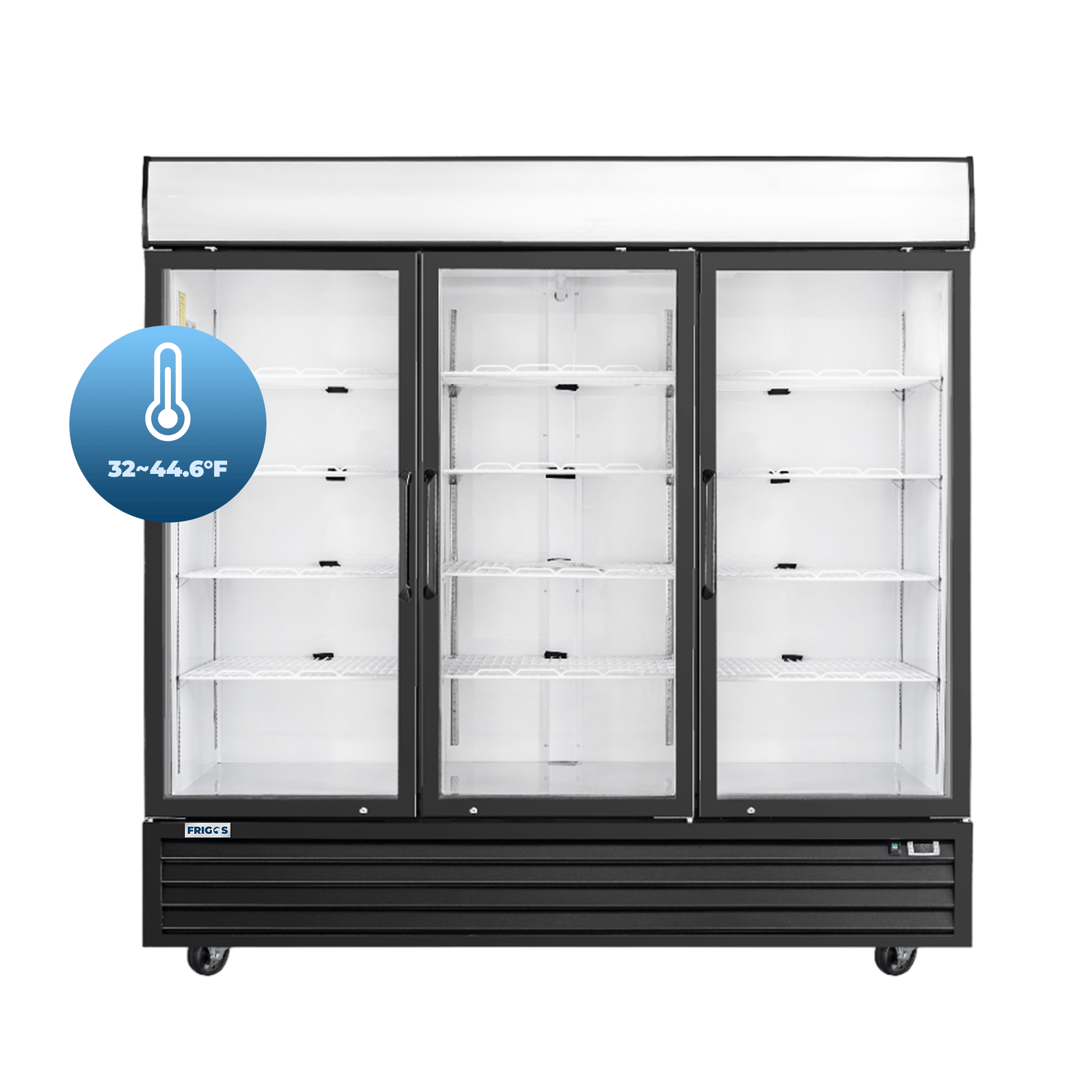 Commercial Merchandising Refrigerator 80" Width Black Swing Glass 3 Door with LED Lighting Frigos FG-MR-3D-G with Aluminum Interior with 304 Stainless Steel Floor