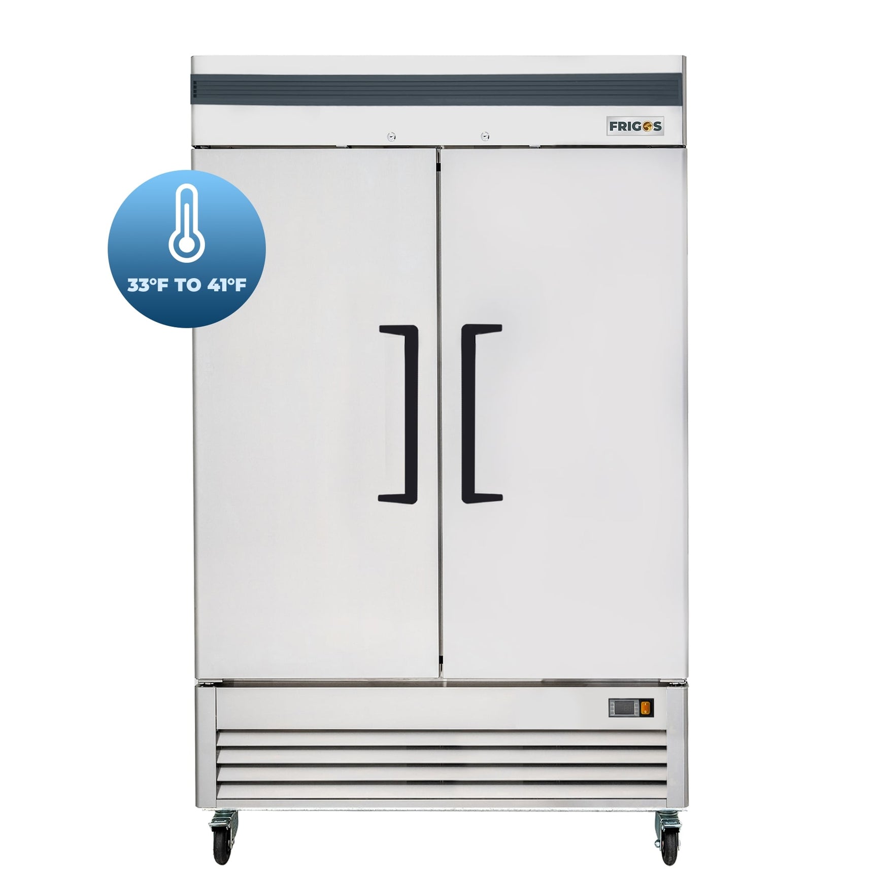 Commercial Reach in Refrigerator 2 Section Solid Door, 40” Width, 30 Cu Ft Frigos Premium FGP-RF-2DBC/40 Stainless Steel Interior and Exterior