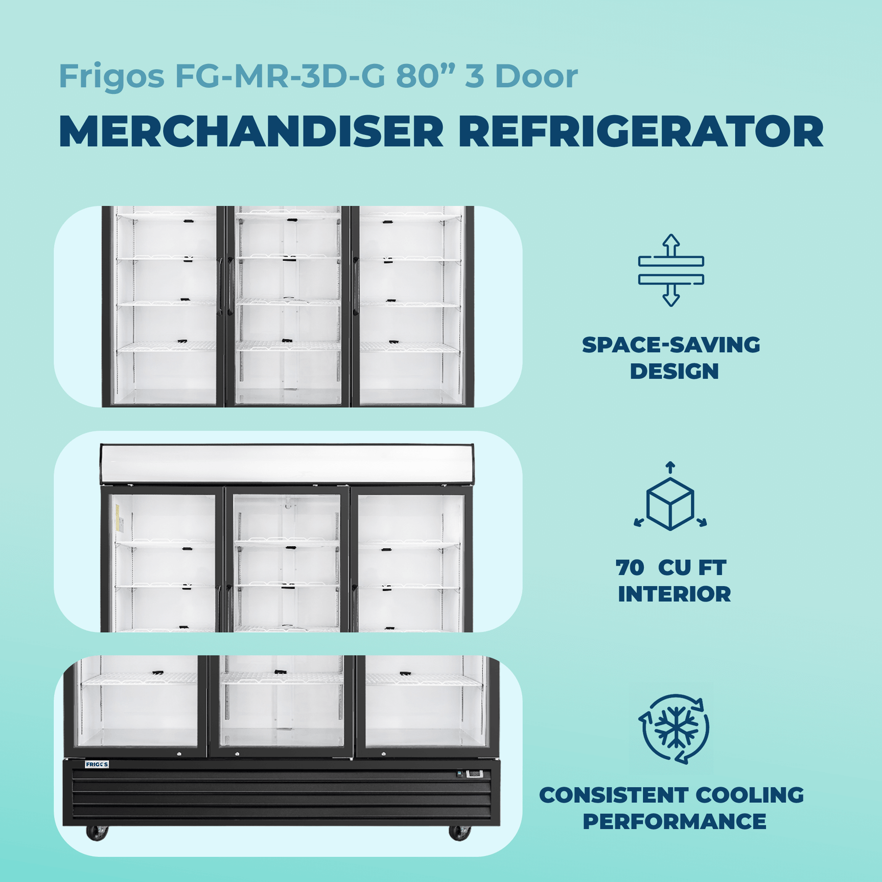 Commercial Merchandising Refrigerator 80" Width Black Swing Glass 3 Door with LED Lighting Frigos FG-MR-3D-G with Aluminum Interior with 304 Stainless Steel Floor