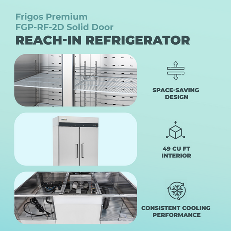 Commercial Reach in Refrigerator 2 Section Solid Door, 49 Cu Ft Frigos Premium FGP-RF-2D Stainless Steel Interior and Exterior