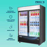 Merchandiser Refrigerator 54" Width Black Swing Glass 2 Door with LED Lighting Frigos FG-MR-2D-G with Aluminum Interior with 304 Stainless Steel Floor