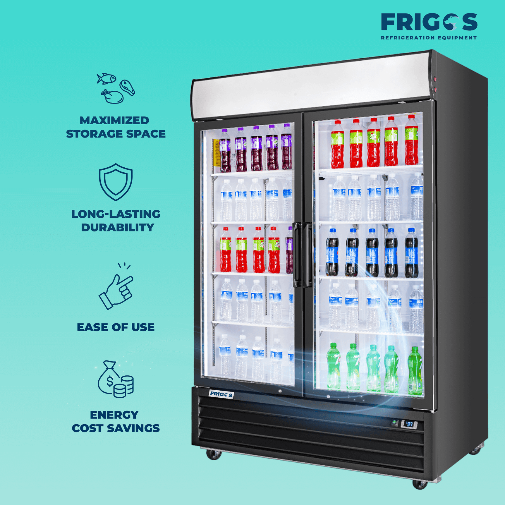 Merchandiser Refrigerator 54" Width Black Swing Glass 2 Door with LED Lighting Frigos FG-MR-2D-G with Aluminum Interior with 304 Stainless Steel Floor