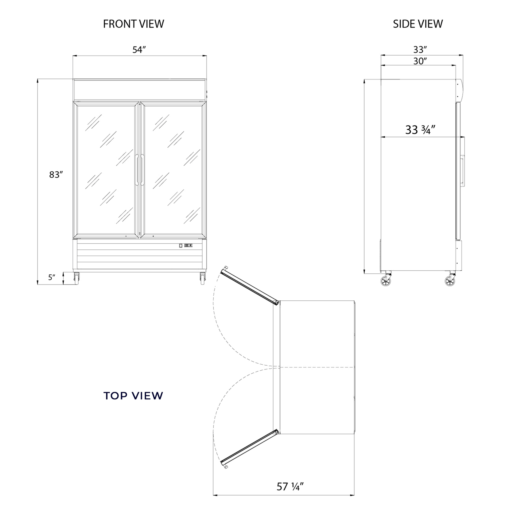 Merchandiser Refrigerator 54" Width Black Swing Glass 2 Door with LED Lighting Frigos FG-MR-2D-G with Aluminum Interior with 304 Stainless Steel Floor