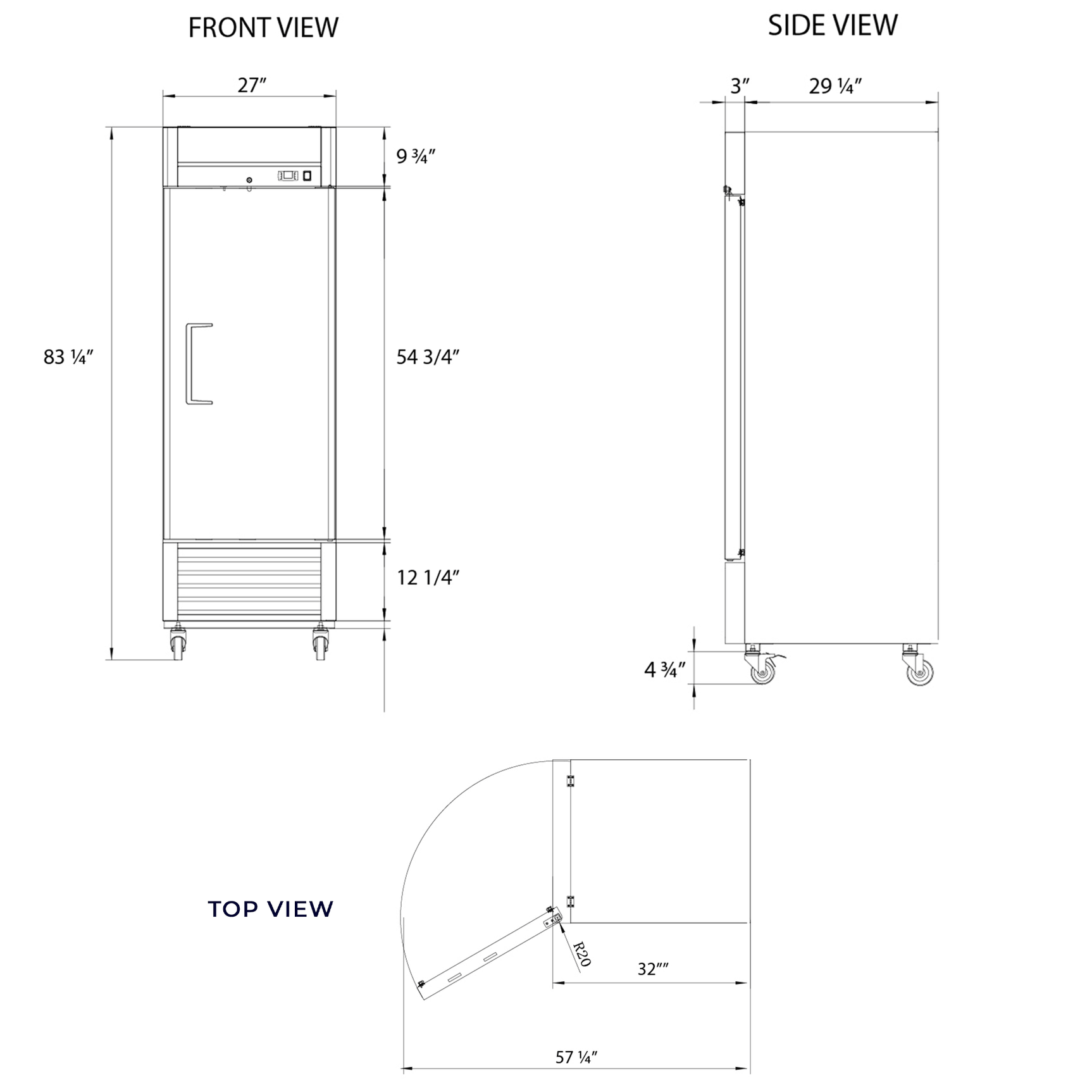 Commercial Reach in Refrigerator 27" Width Solid Single Door 21 Cu Ft Frigos FG-RF-1D with Aluminum Interior with 304 Stainless Steel Floor