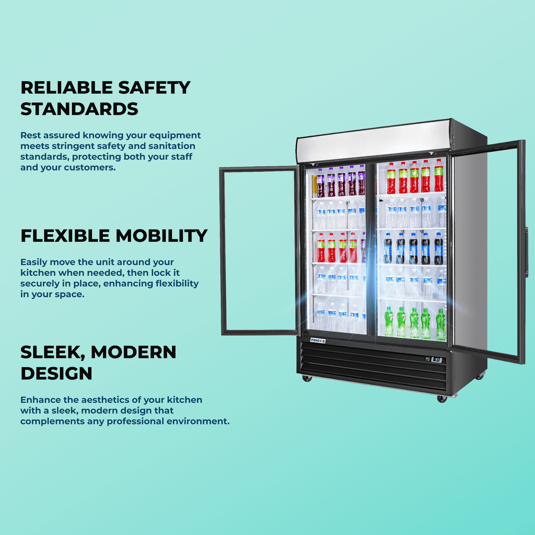 Merchandiser Refrigerator 54" Width Black Swing Glass 2 Door with LED Lighting Frigos FG-MR-2D-G with Aluminum Interior with 304 Stainless Steel Floor