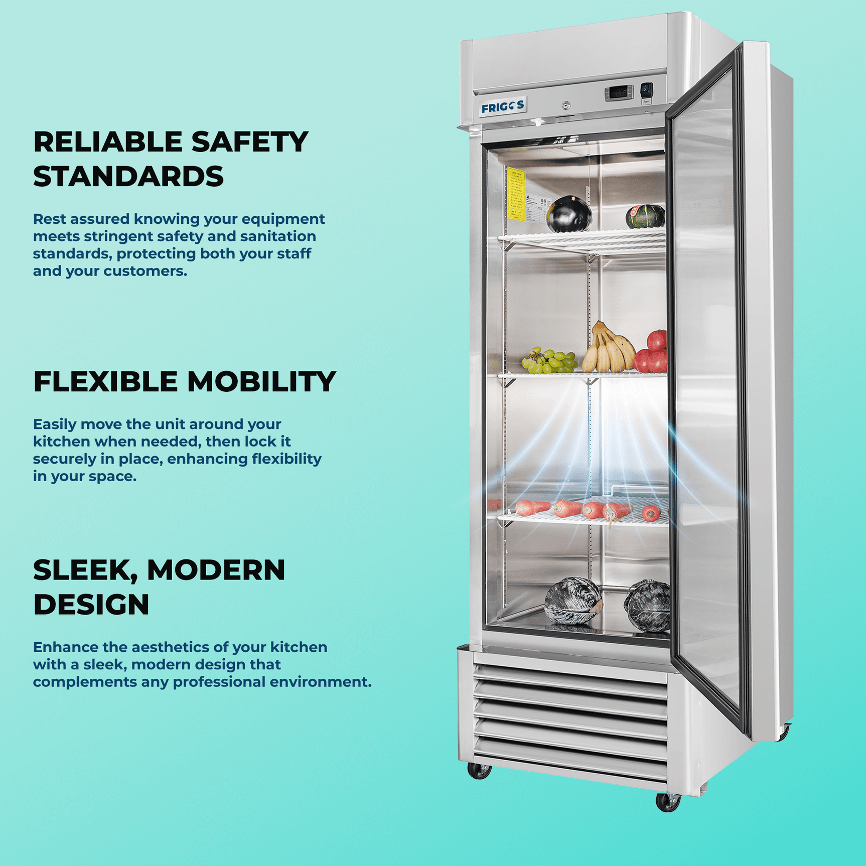 Commercial Reach in Refrigerator 27" Width Solid Single Door 21 Cu Ft Frigos FG-RF-1D with Aluminum Interior with 304 Stainless Steel Floor