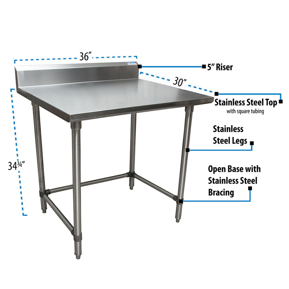 BK Resources QVTR5OB-3630 14 Gauge Stainless Steel Work Table Open Base And Legs with 5"Riser 36"Wx30"D