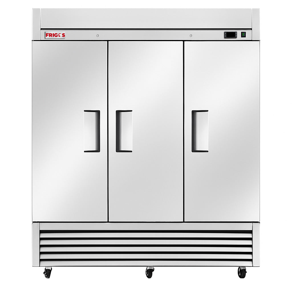 Commercial Reach in Freezer 3 Section Solid Door Frigos Value Series FGV-FZ-3D with Aluminum Interior with 304 Stainless Steel Floor
