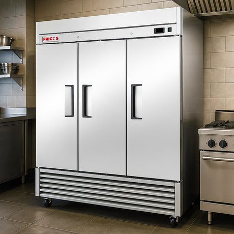 Commercial Reach in Freezer 3 Section Solid Door Frigos Value Series FGV-FZ-3D with Aluminum Interior with 304 Stainless Steel Floor