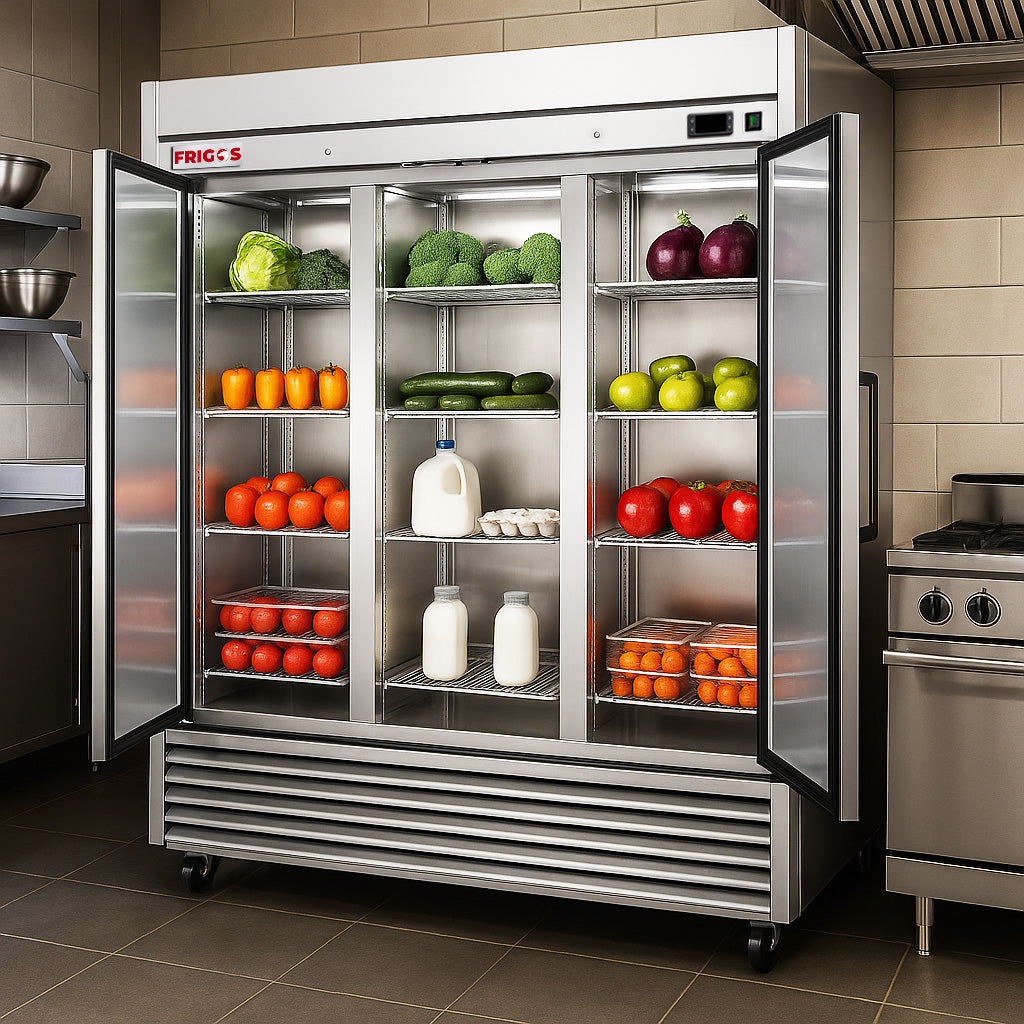 Commercial Reach in Freezer 3 Section Solid Door Frigos Value Series FGV-FZ-3D with Aluminum Interior with 304 Stainless Steel Floor