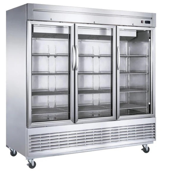 Dukers D83R-GS3 83" Three Glass Door Bottom Mount Reach-In Refrigerator 64.8 Cu. Ft.
