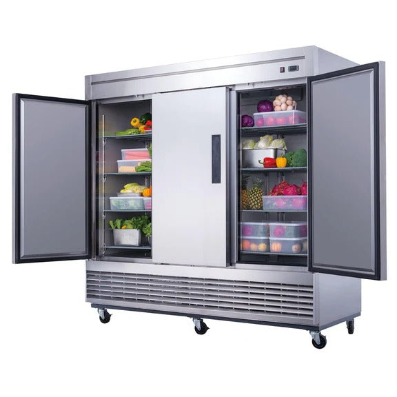 Dukers D83R 83" Three Solid Door Bottom Mount Reach-In Refrigerator 64.8 Cu. Ft.